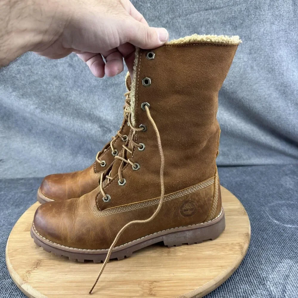 Timberland Boots Girls Size 4.5 Brown Leather Suede Shearling Lined Lace Up